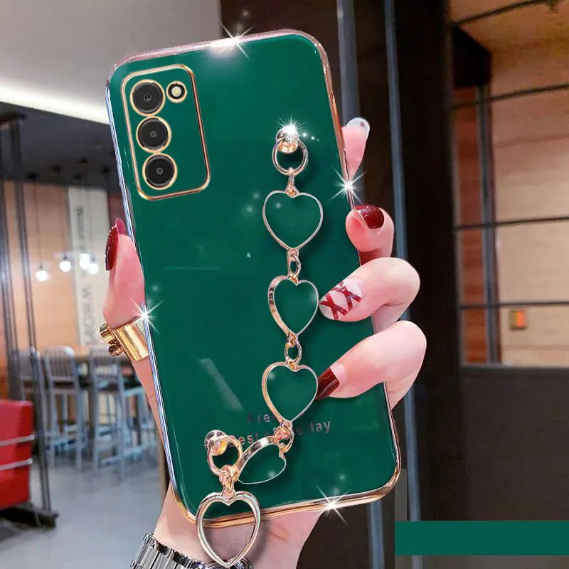 Wrist Bracelet Phone Case For Samsung A03S Case Luxury Heart Chain Plating Cover For Samsung Galaxy A03S Case A53