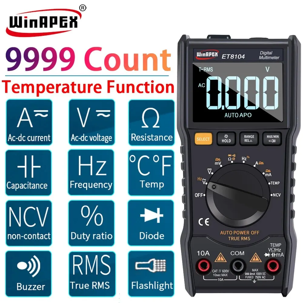 WINAPEX-Multimètre numérique ET8104, 9999 points, haute précision True RMS, plage automatique 1000V, multimètre pour la réparation de voitures, appareils électroménagers