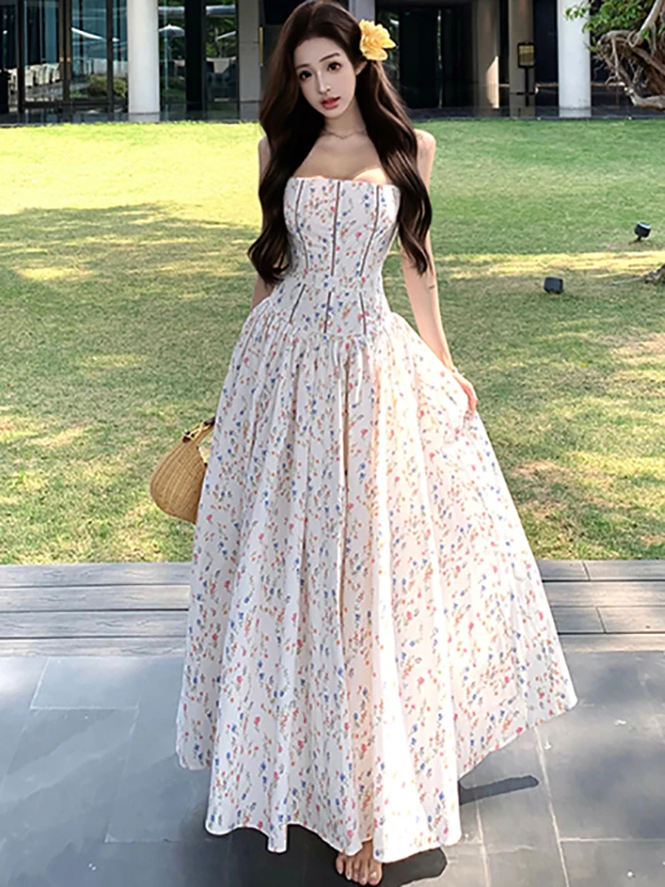 

Женское новое хлопковое шикарное сексуальное длинное платье с цветочным принтом, летнее элегантное повседневное праздничное платье 2025 года, корейское модное облегающее праздничное платье