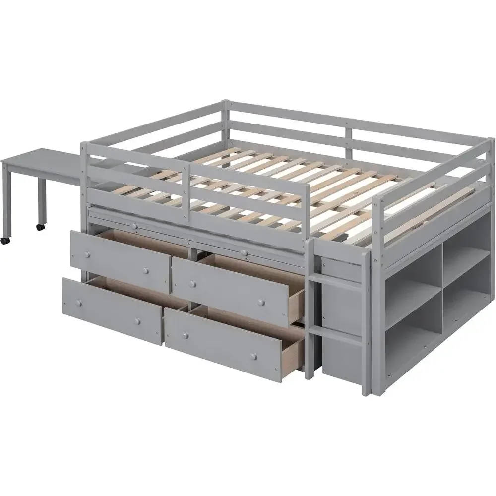 Full Size Wooden Loft Bed with Desk and Drawers, Storage Shelves, Space-Saving, Gray view 5