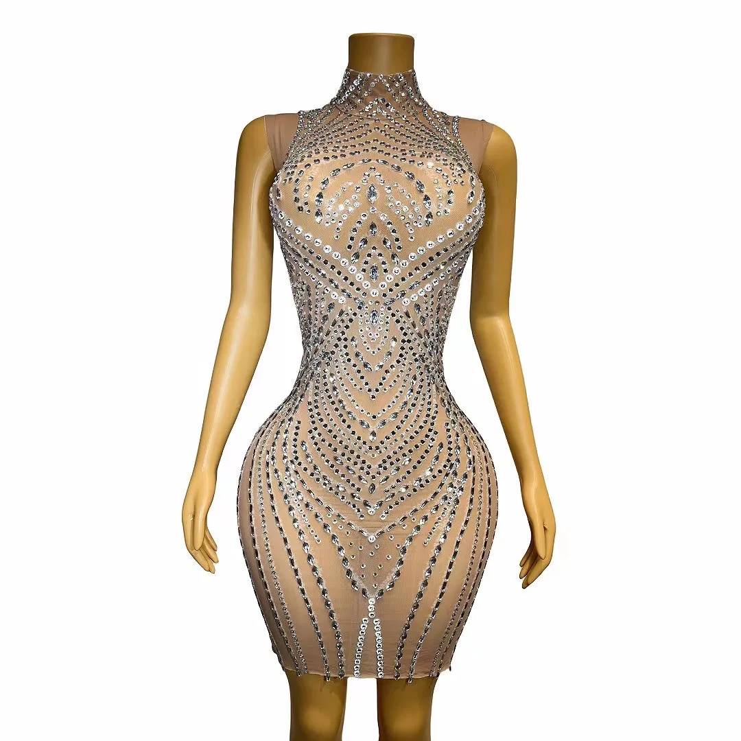 

Bling Silver Rhinestones Nude TransparentMesh Sleeveless Dress Birthday Celebrate DressPerformance Outfit Dance Costume C107