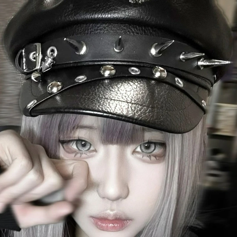 Women\'s Black Rivet Pu Leather Beret Fashion Caps Punk Rock Gothic Hats ROMWE Grunge Punk Black Rivet Punk Style Beret Hat For Women  main image 2