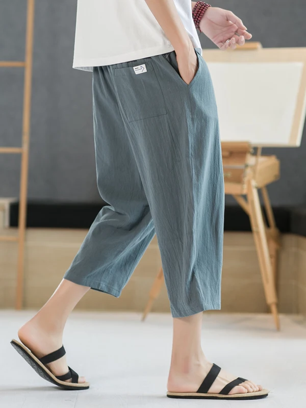 

Ультратонкие дышащие мужские летние брюки из хлопка и льна, повседневные пляжные брюки, свободные льняные брюки средней длины, прямые повседневные брюки