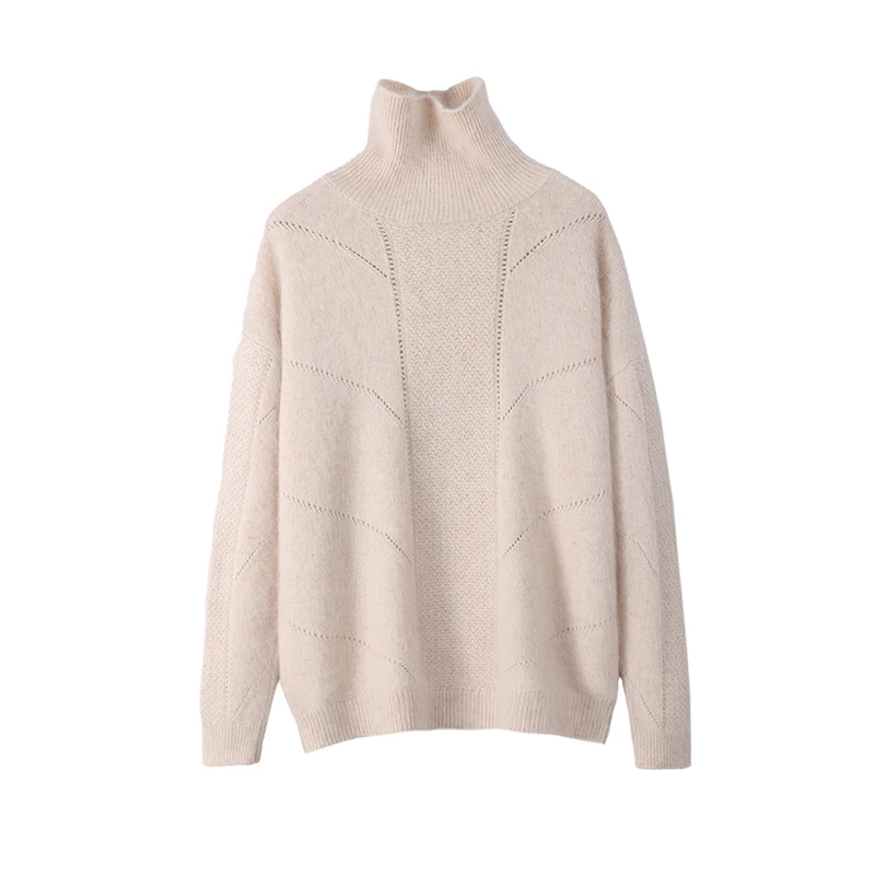 Chic 100% Mink Cashmere Fashion Turtleneck Sweater Women's Pullovers Basics Hollow Out Soft Warm Autumn Winter Long Sleeve Tops