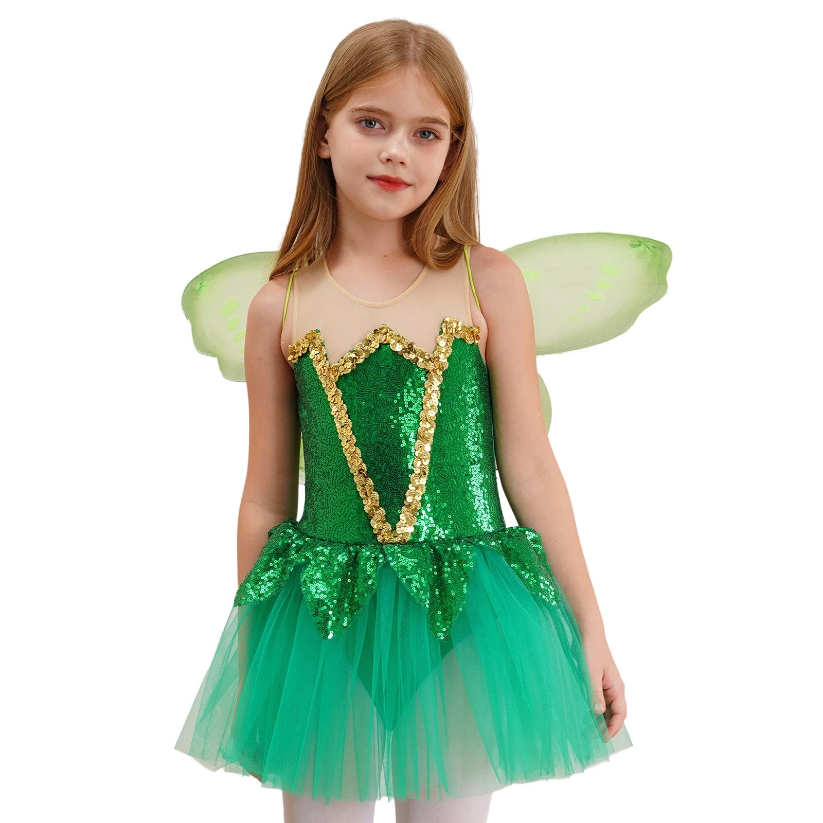 Costume cosplay da elfo di Halloween per ragazze, senza maniche, con paillettes lucide, body con ali di farfalla, abbigliamento da spettacolo di danza