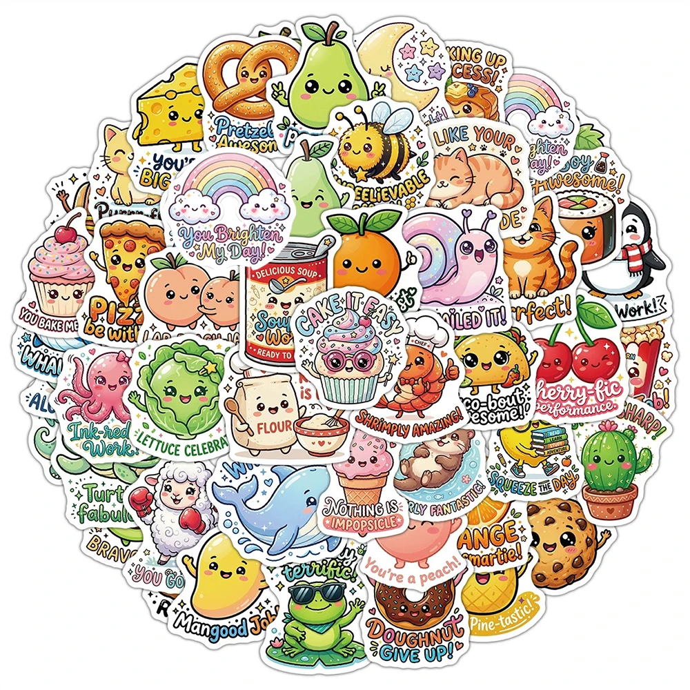 10/30/50pcs Cute Animal Fruit Phrase Graffiti Stickers Funny Cartoon Decals DIY Motorcycle Laptop Helmet Decoration Sticker Pack