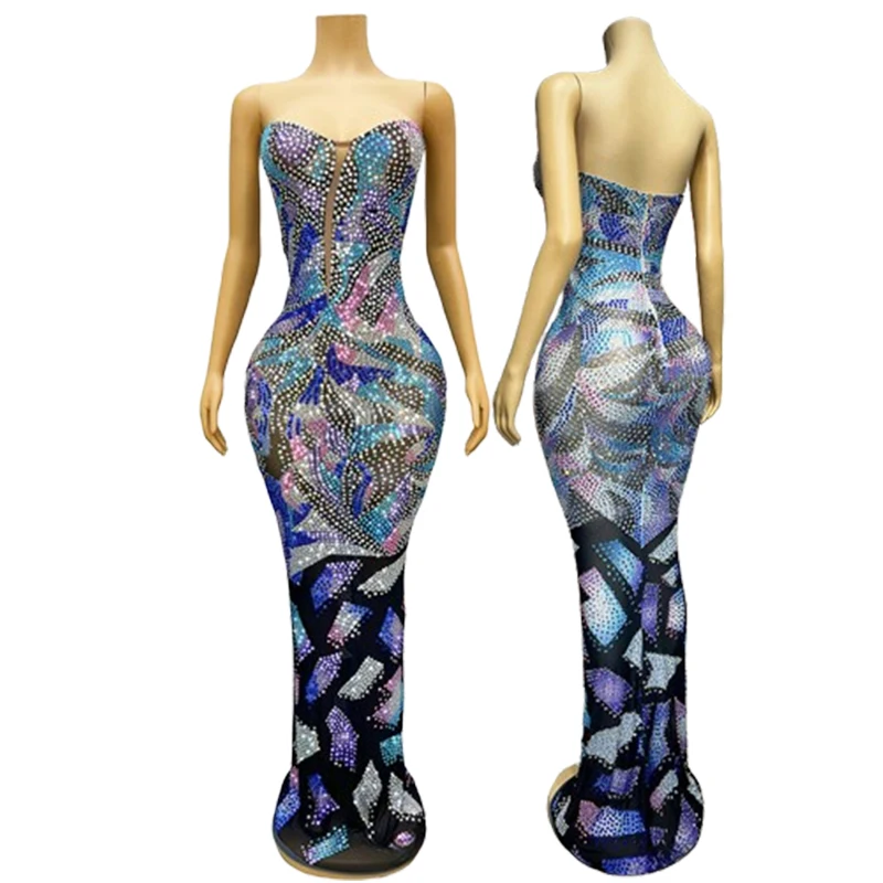 Sexy Tube Top Colorful Rhinestone Temperament Dress Birthday High-end Dress Concert Social Evening Wear Women Vallentain Dress