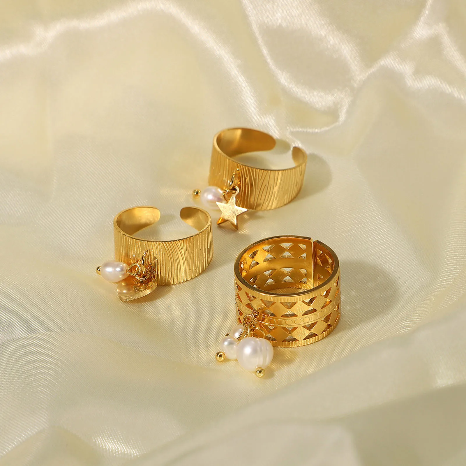 1 Pc Rvs & Natural Pearl Open Verstelbare Ringen Goud Kleur Wit Parel Ster Hart Hanger Brede Ring