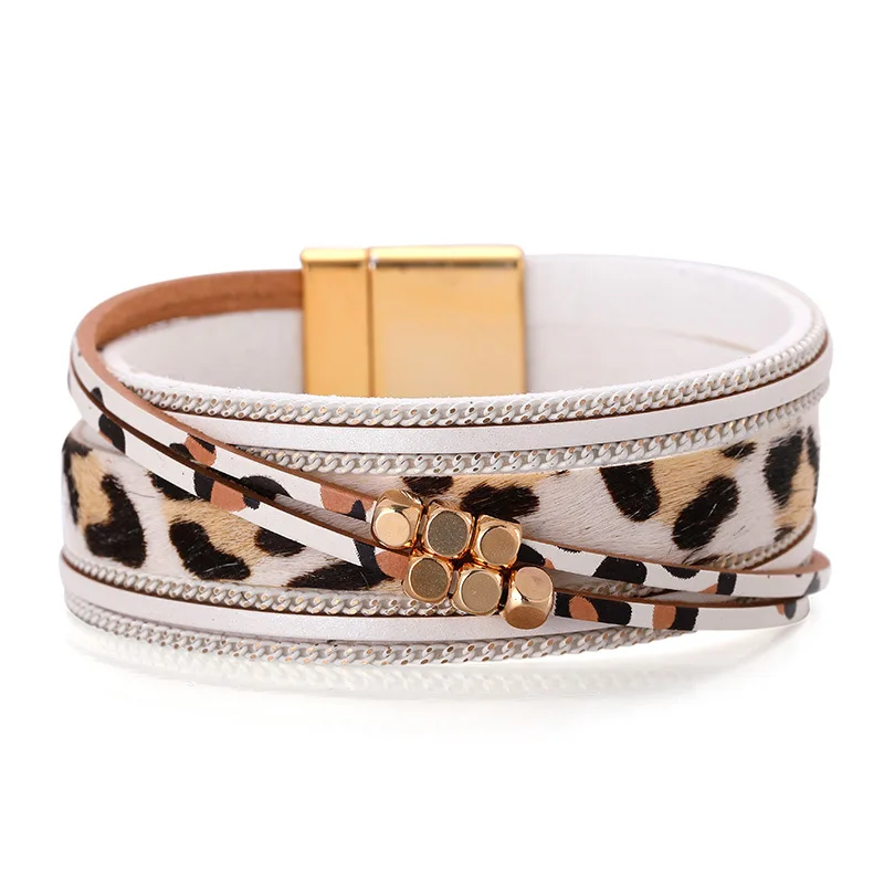 Fashion Leopard Pu Leather gilded Beads Handmade Luxury Charin Cross Magnetic Clasp Bracelets Women