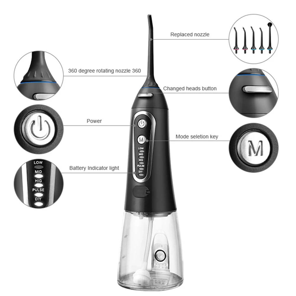 5 Modes Oral Irrigator USB Type-C Rechargeable Portable DentaJet 300Ml Irrigator Dental Teeth Cleaner Black