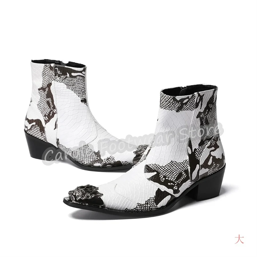 Male Western Style Chelsea Boots Snakeskin Print Pointed Toe High Heel Dress Boots for Men Ankle Boots for Wedding Party Stage