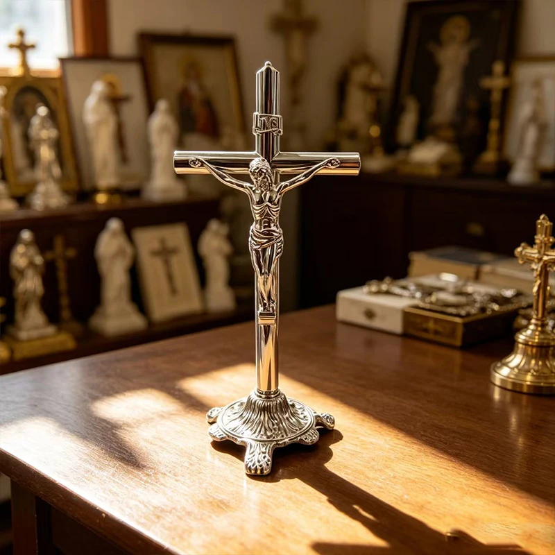 Vintage Altar Crucifix Jesus Christ Catholic Standing Cross Silver Bronze Metal Religious Decor Christian Baptism Prayer Gift