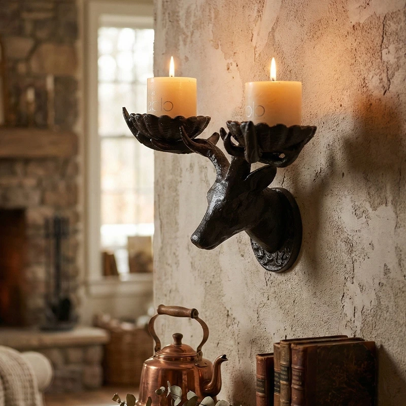 Vintage Cast Iron Deer Antler Candle Holder Wall Sconce Rustic Home Decor For Bedroom Bar Cabin For Couples Christmas Gift
