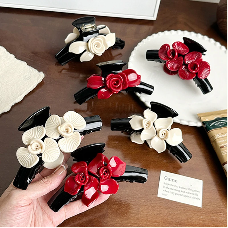 Korean New Retro 11.5CM Geometric Flower Design Hair Clip Exquisite Acetate Flower Large Shark Clip Hair Accessory