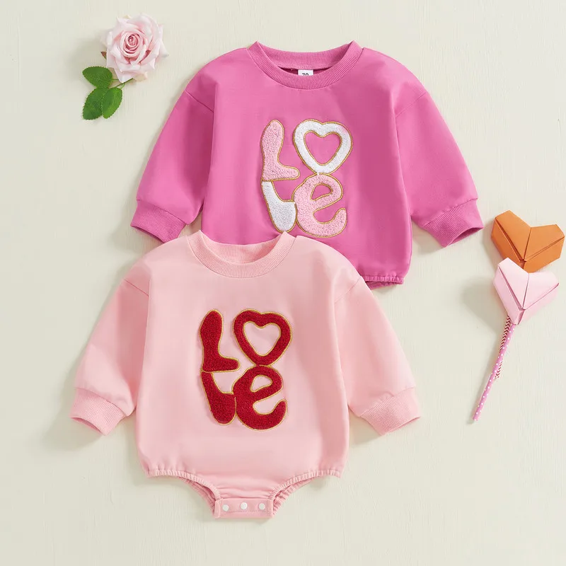 

0 to 18 Months Baby Girls Sweatshirts Bodysuit Valentine's Day Clothes Letter Embroidered Long Sleeve Jumpsuits Baby Clothing