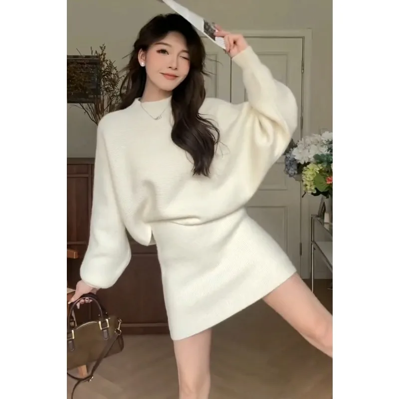 

2025 French Lazy Style Semi-turtleneck Sweater Set Women's New Korean Version Thickened and Thin Skirt Knitted Two-piece Set