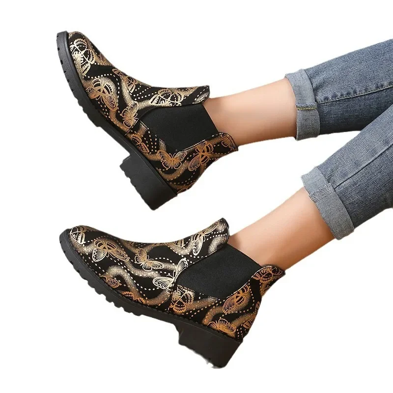 Botas informales con estampado de mariposa para mujer, botines elásticos de tacón cuadrado, talla grande 36-43, 2024