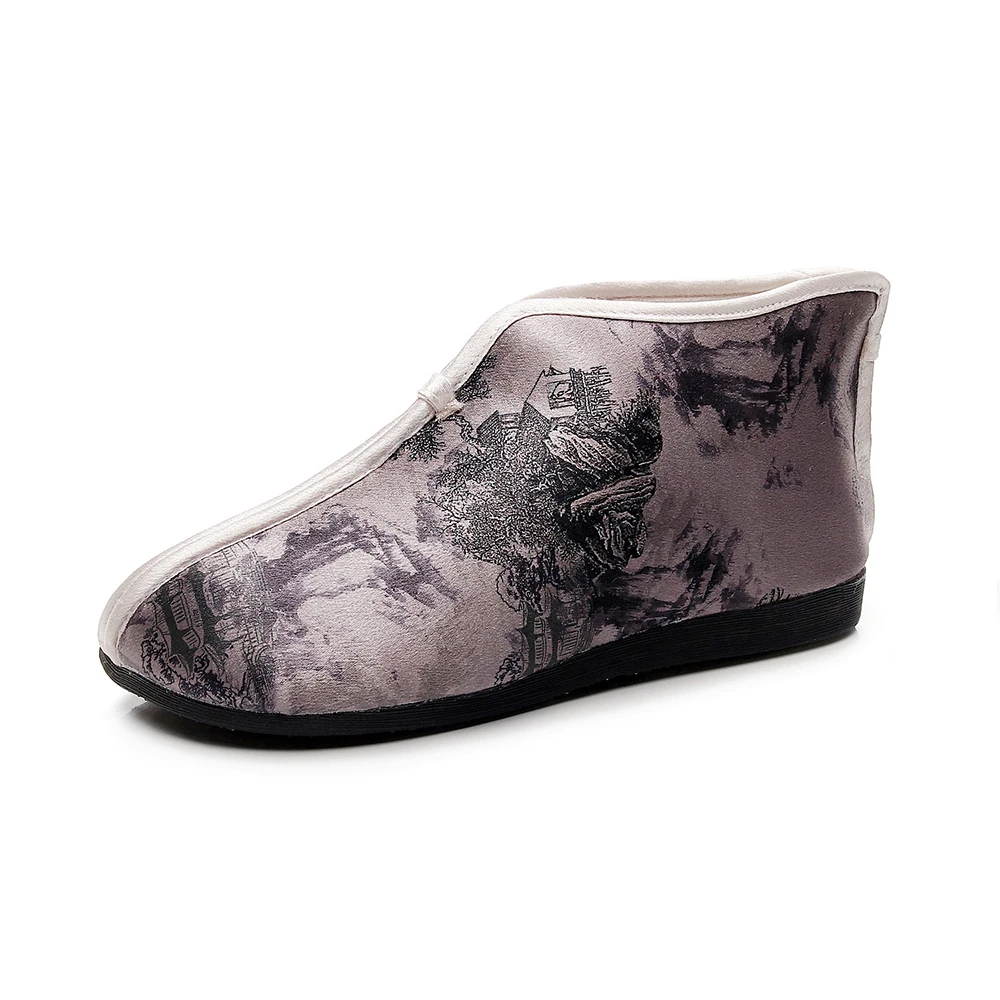 Veowalk Chinese Ink Painting Women Cotton Warm Faux Fur Lining Short Ankle Boots Winter Slip On Booties Comfortable Flat Shoes