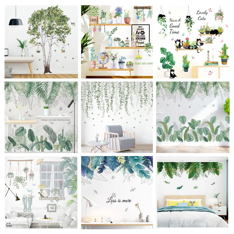 Tropical Leaves Jungle Wall Stickers Bedroom Living Room Decorative Vinyl Wall Decals Door Fridge Murals Wallpaper Background