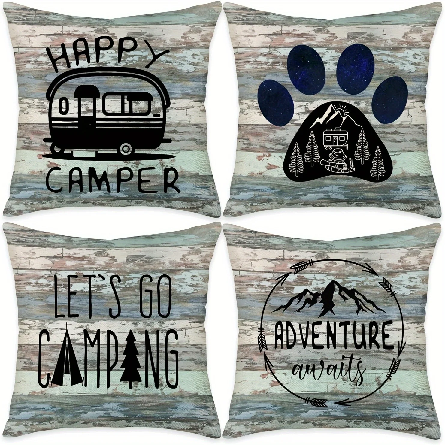 Home Decor Happy Camper & Let'S Go Camping Adventure Pattern Cushion Cover Suitable For Sofa Bedroom Car Pillow Cover