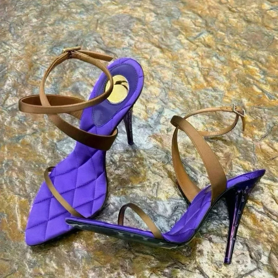 Women 2026 New Purple Colorblock Satin Pointed Toe Sandals Rhinestone Stiletto High Heel Ankle Buckle Ladies Party Dress Shoes