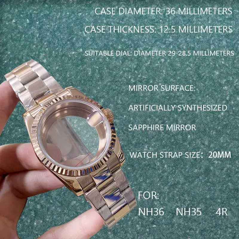 36mm 39mm Watch Case with 36mm Strap Set Rose Transparent Bottom Oyster Style Constant Motion Case fit NH35 NH36 4R36 Movement