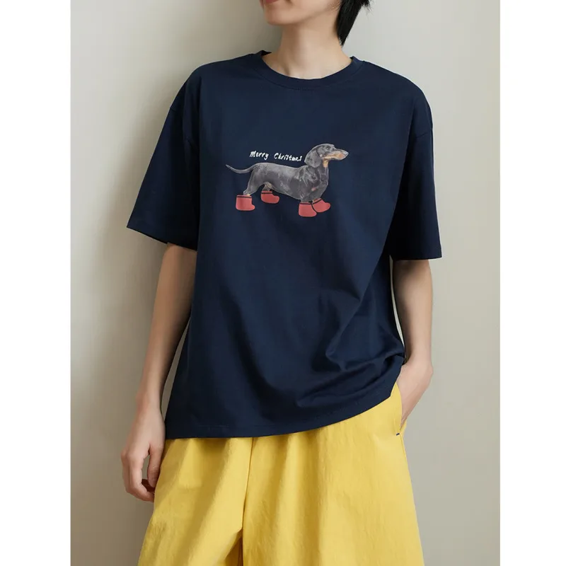 

Women Pure Cotton Cartoon Print T-shirt,Spring Summer Round Neck Loose Casual Short Sleeved Tops