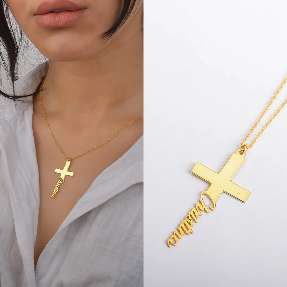 Cross Pendant Necklace Women Custom Name Stainless Steel Necklace Men Gold Chain Choker Personalised Jewelry Collares Para Mujer