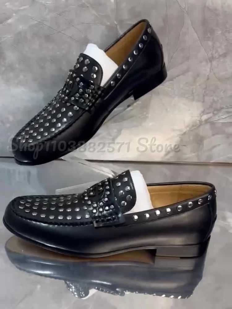 

Rivet Buckle Men Leathers Shoes Sqaure Toe Thick Heel Black Flats Man Formal Suits Footwear Spring Summer Slip-on Solid Sneakers