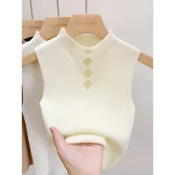 Simple 2024 Early Autumn Temperament Inner Wear Rhombus Hollow Out Semi-turtleneck Women's Short Sleeveless Sweater Vest