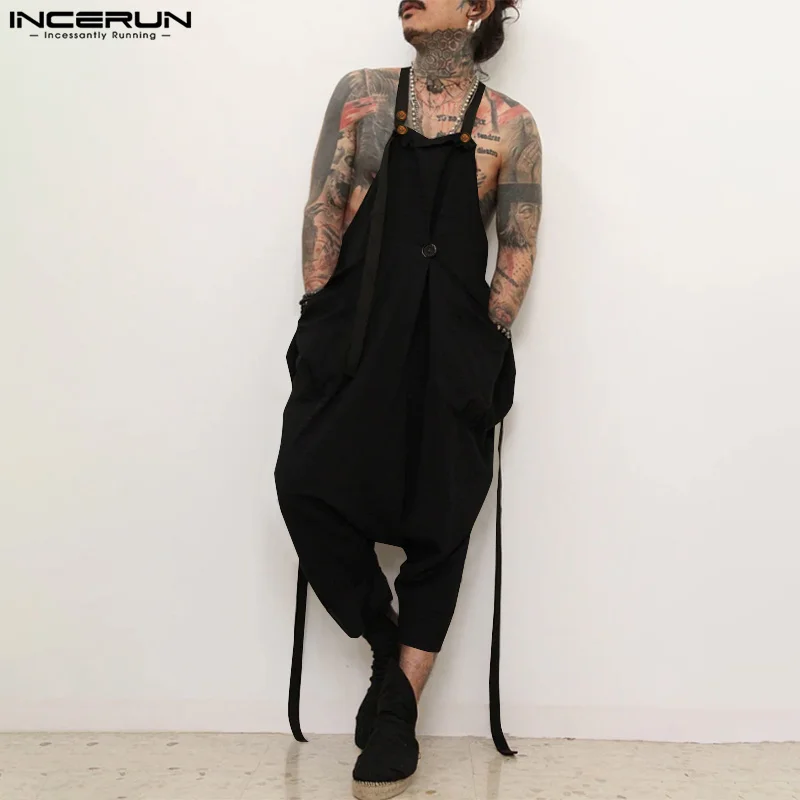 INCERUN American Style Fashion Jumpsuit Men's Loose Deconstruction Design Jumpsuit Streetwear Solid Wide Leg Sleeveless Rompers