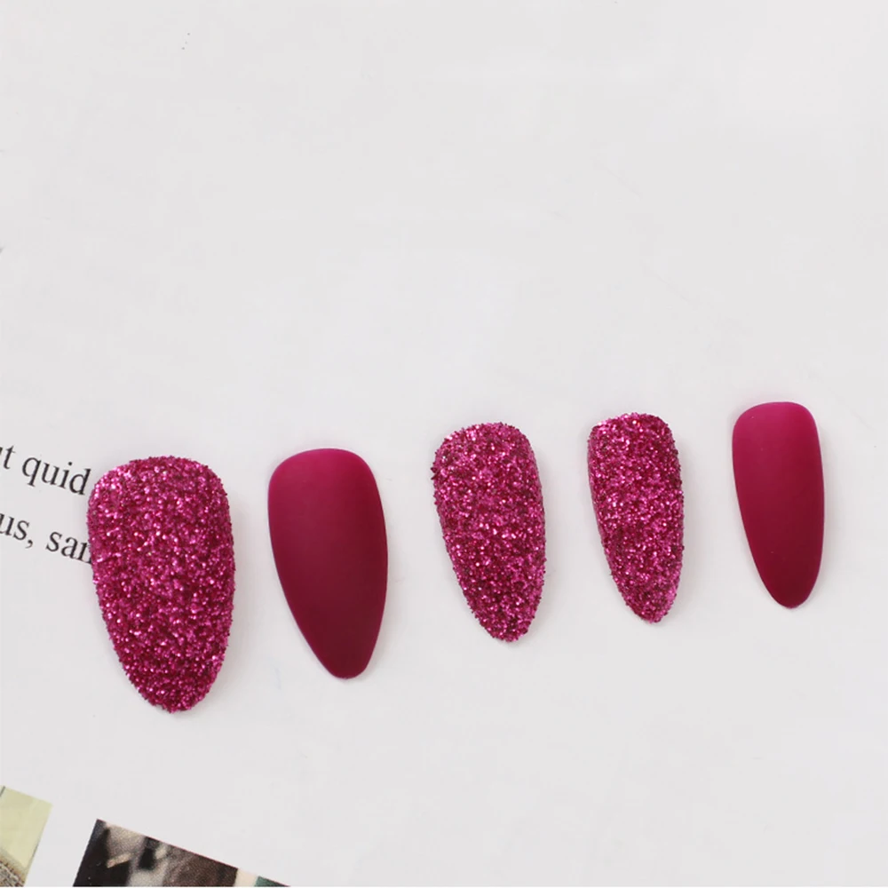 Nagels Matte handgemaakte volledige dekking Druk op glitter Kunstnagels DIY Nail Art Decoraties Volledige nageltips Nepnagels met lijm