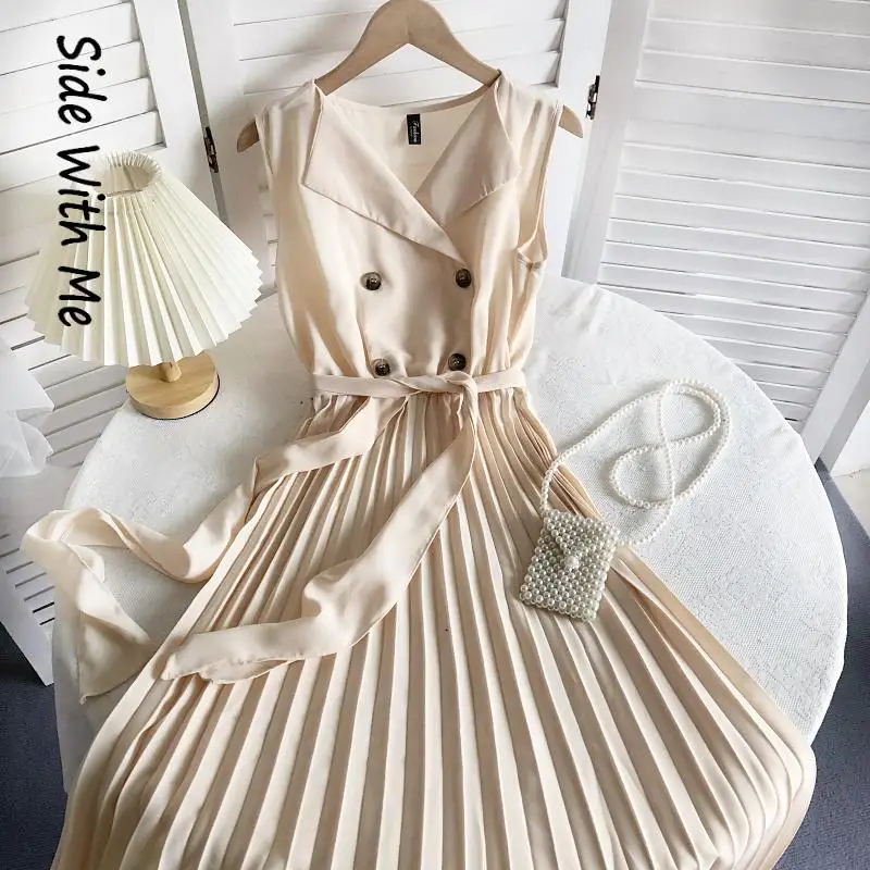 

Korean summer Lace Up Double Breasted Dress Women Solid High Waist Pleated Skirt Ladies Causal Vintage Dresses Female