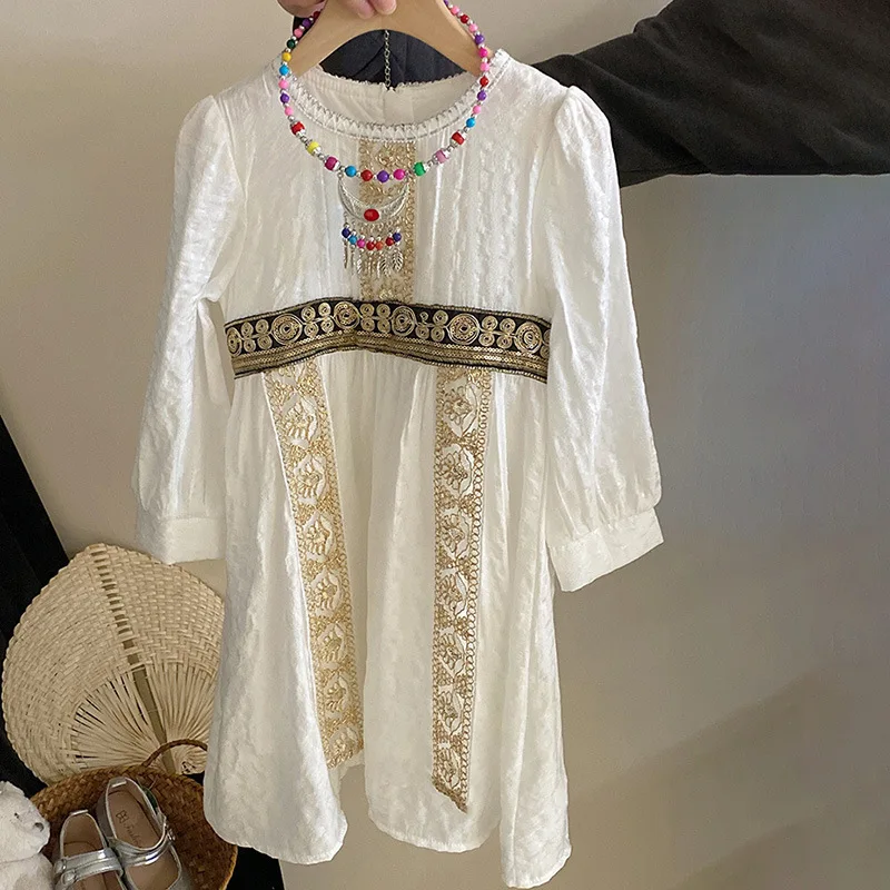 Girls Two-piece Set 2024 Spring New Little Girl National Style Dress Retro Printed Vest Childrens 2-piece Set Casual and Simple image 3