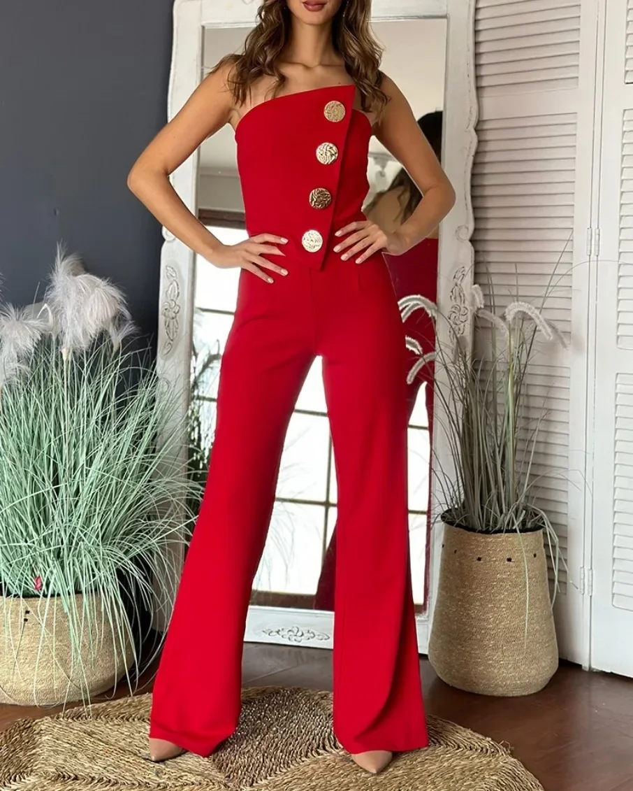 Women Strapless Jumpsuit Elegant Metal Buttons Decor High Waist Wide Leg Pants Solid Color Party Night Out Romper