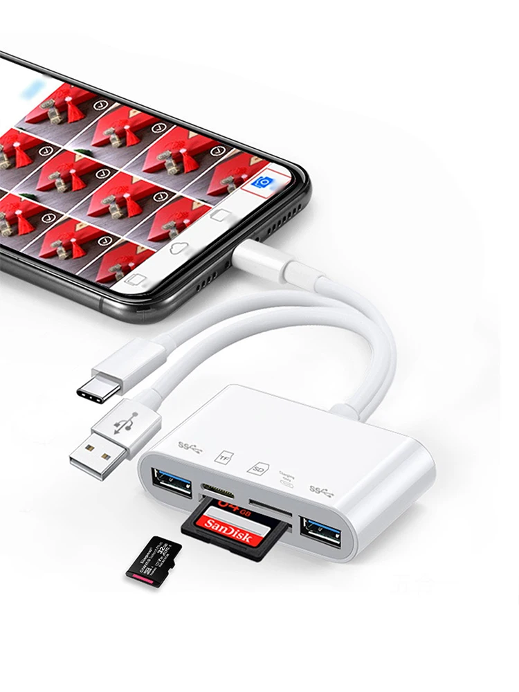 Lettore di schede 5 in 1 a tre fili, convertitore OTG multifunzione, trasmissione ad alta velocità, compatibile con Iphone/Android/ipad