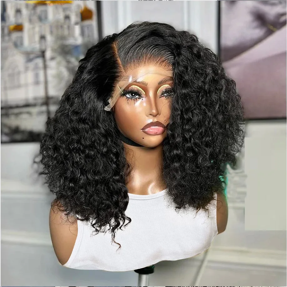 

16inch 180density Deep Wave Bob Wig Lace Frontal Wig Natural Hairline Kinky Curly Short Bob Lace Front Wig Preplucked Baby Hair