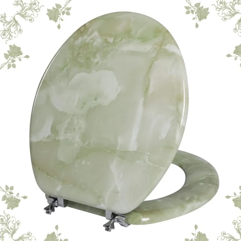 

Round Toilet Seat Natural Wood with Zinc Alloy Hinges Easy Install Easy Clean Anti-pinch Green Marble Style