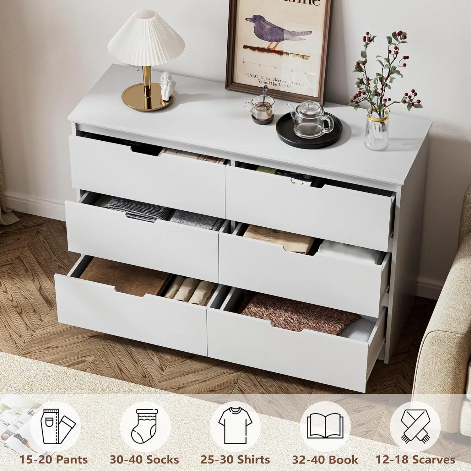 6-Drawer White Dresser, Modern Wood Chest with Hidden Handles, Deep Drawer Storage for Bedroom, Hallway