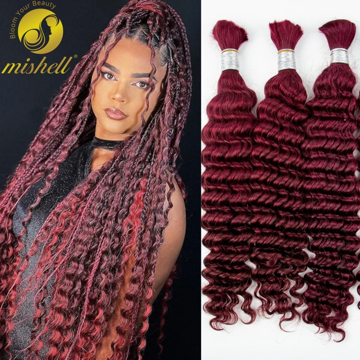 Borgonha 99J #   Onda profunda em massa trança extensões de cabelo 100% cabelo humano em massa sem trama boho tranças pacotes de cabelo virgem brasileiro