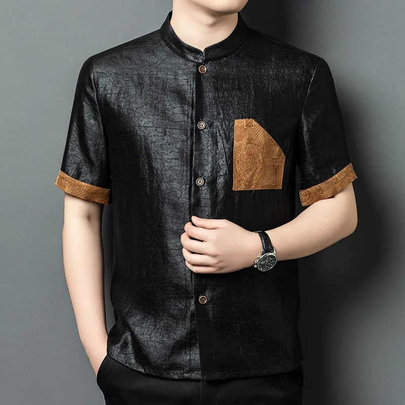 

High Quality Real Silk Men's Xiangyun Yarn Crack Short Sleeve Shirt Middle-Aged Loose Casual Stand Collar Chinese Style Dad Wear