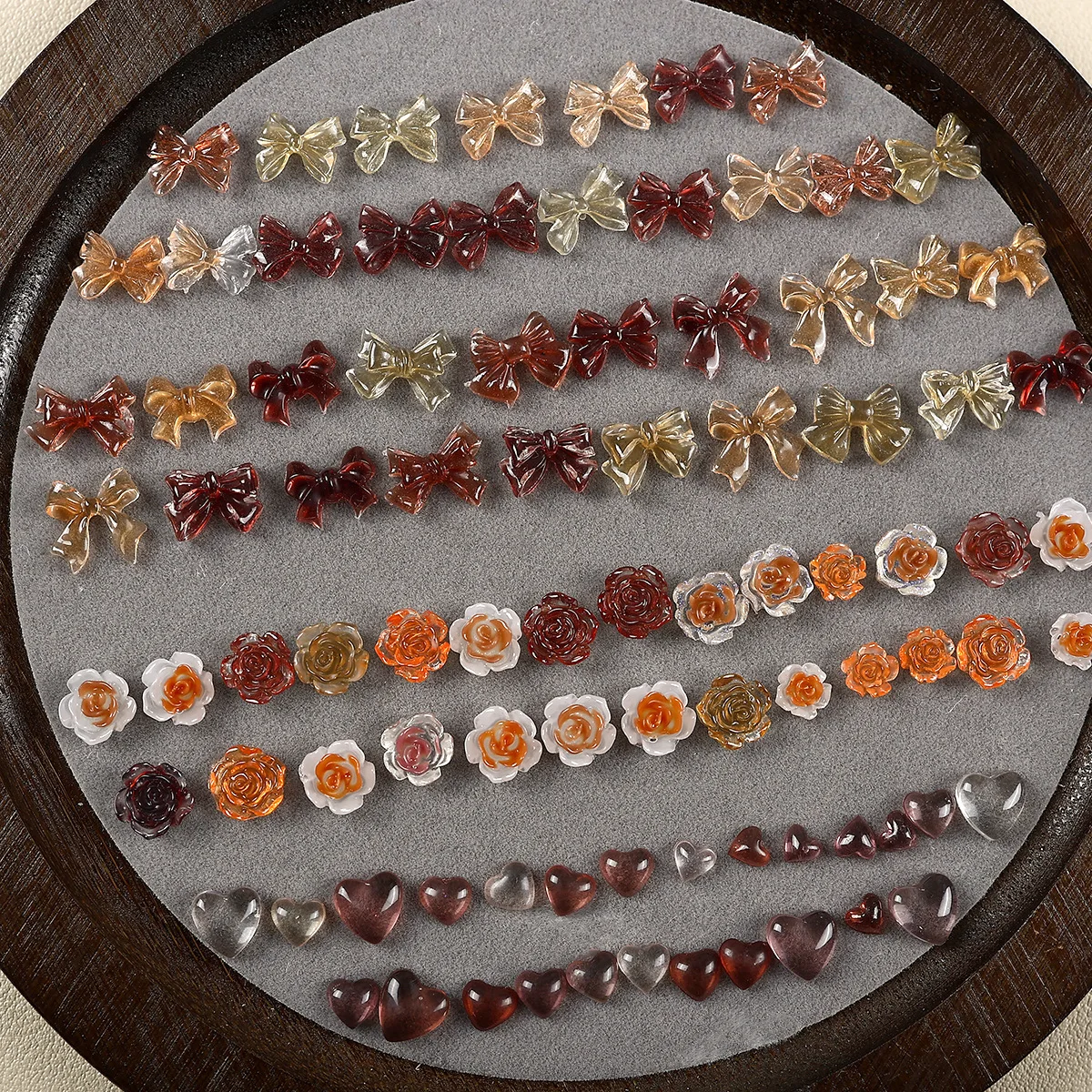 100PCS Ice Clear Maillard Mix Various Heart Ribbon Bow Camellia Flower Resin Nail Rhinestones Decorations Manicure Autumn Charms