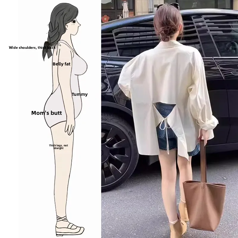 

Комплект из двух предметов: джинсовая рубашка и шорты с вырезами, свободного кроя, для женщин, ранняя осень 2024, с завязками на спине, модный хит