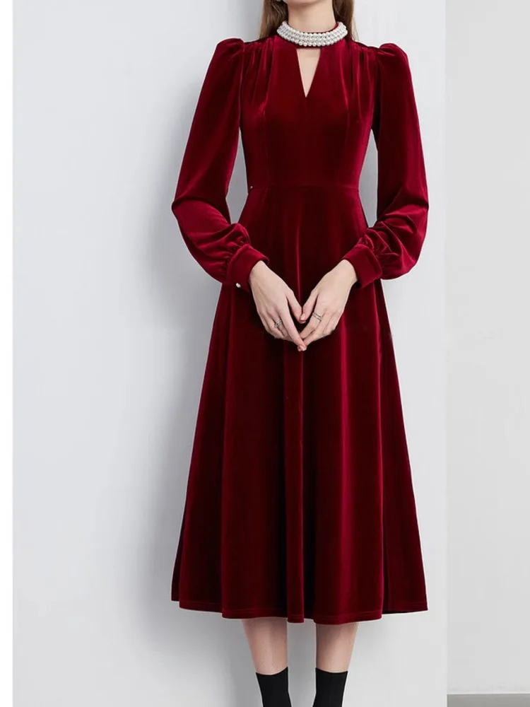 UCXQ Elegant Red Dress For Female European Style Beading Stand Collar Hollowed Out Long Sleeve Women's Dresses 2025 Spring C3210