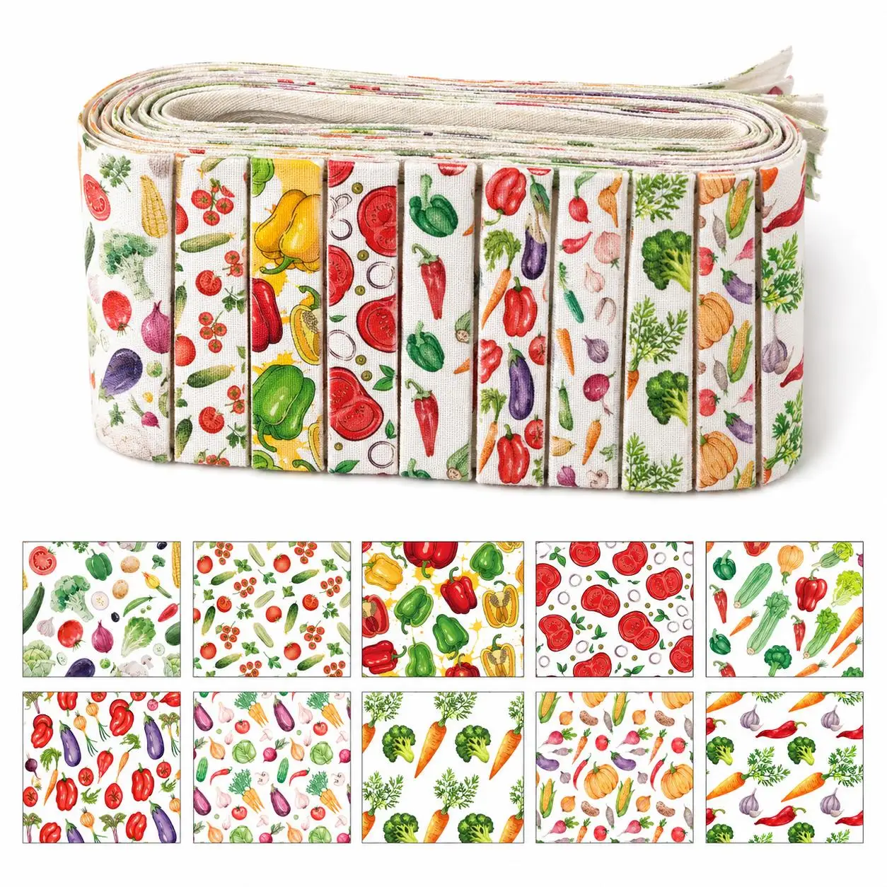 Juego de 10 piezas, 1 unidad de cada tamaño, Tamaño de cada una: 6.3*50cm, Estilo de tela combinado con diseño de chiles y verduras en rodajas, Tela de poliéster tipo Jelly Roll
