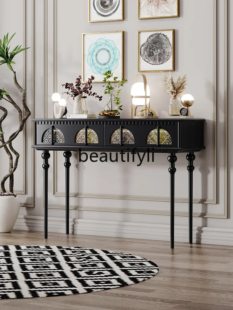 

S1S Light luxury retro corridor with lamp aisle long table living room entry solid wood entrance table