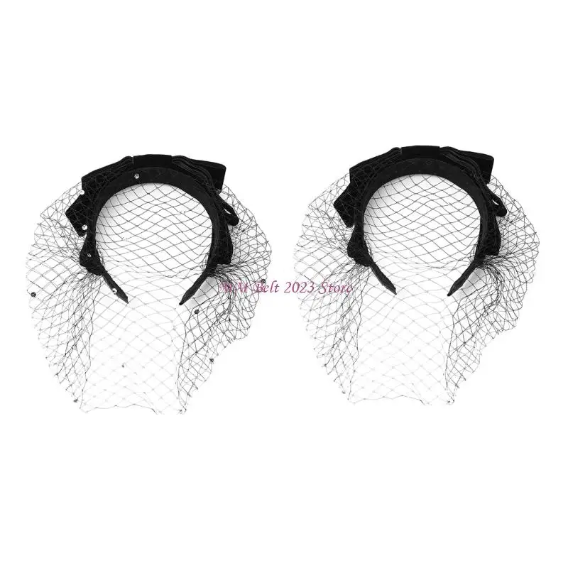 49me-スタイリッシュな調節可能なベールヘアフープブラックレースヘッドバンド女性仮装パーティー用