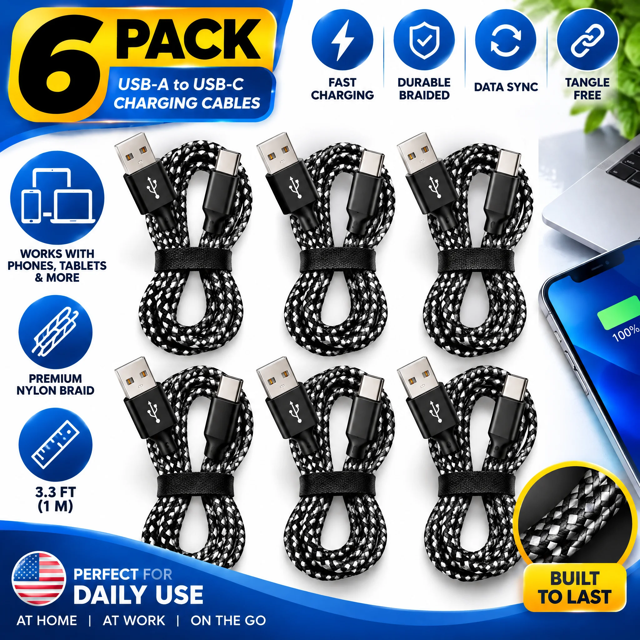 6 Pack 3.3FT USB A to USB C Charging Cable, Nylon Braided Durable Type C Fast Charger Cord, High Speed Data Transfer, Tangle-Free USB-A to USB-C Cable Compatible with Samsung Galaxy, Pixel, Android Phone, Tablet