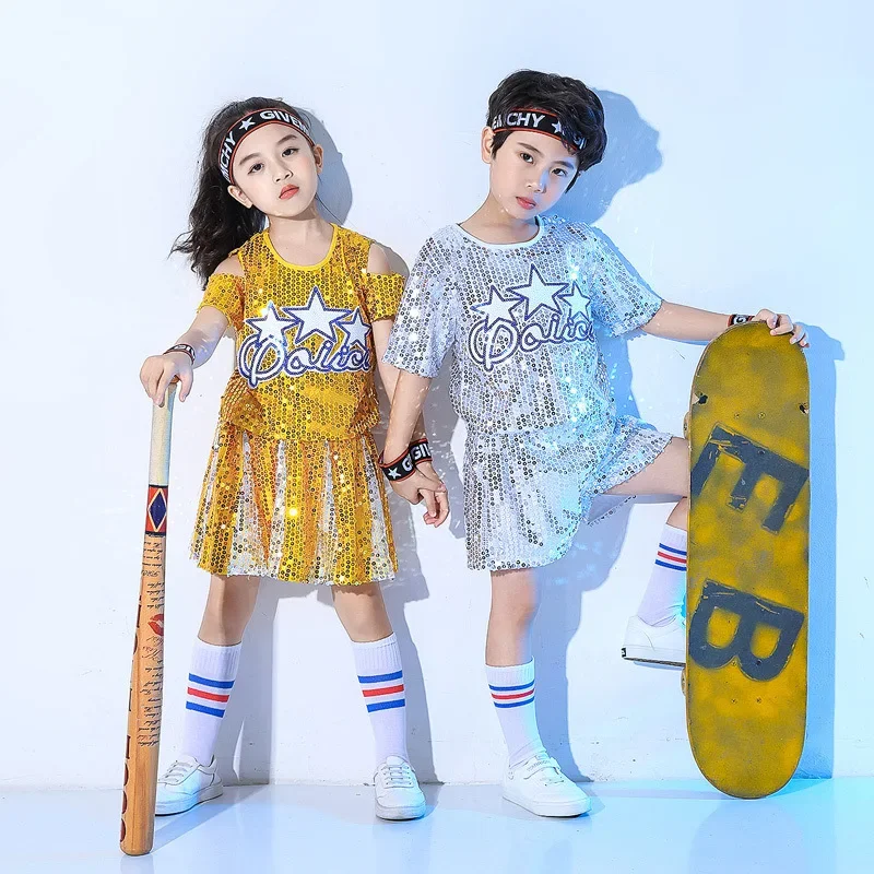 Nuevos trajes de porristas modernos para baile de Jazz para niños, trajes de baile callejero con lentejuelas para niños y niñas, trajes de baile de Jazz de Hip-hop