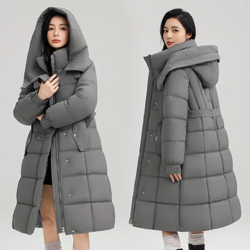 PinkyIsBlack 2025 New Long Hooded Winter Cotton Padded Jacket Coat Women Parkas Thick Clothes Female Casual Outerwear with Belt